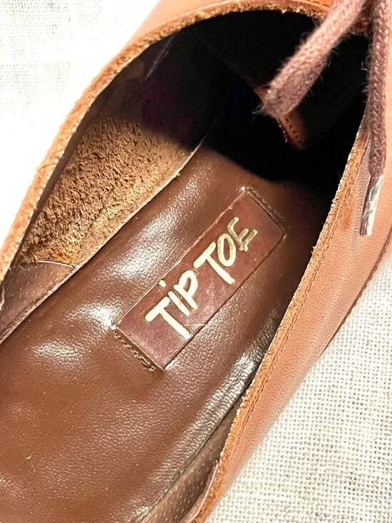 Vintage Y2K Revival Tan Leather Lace-up Pointed Toe Oxford -Women's Size 8M - Picture 6 of 16